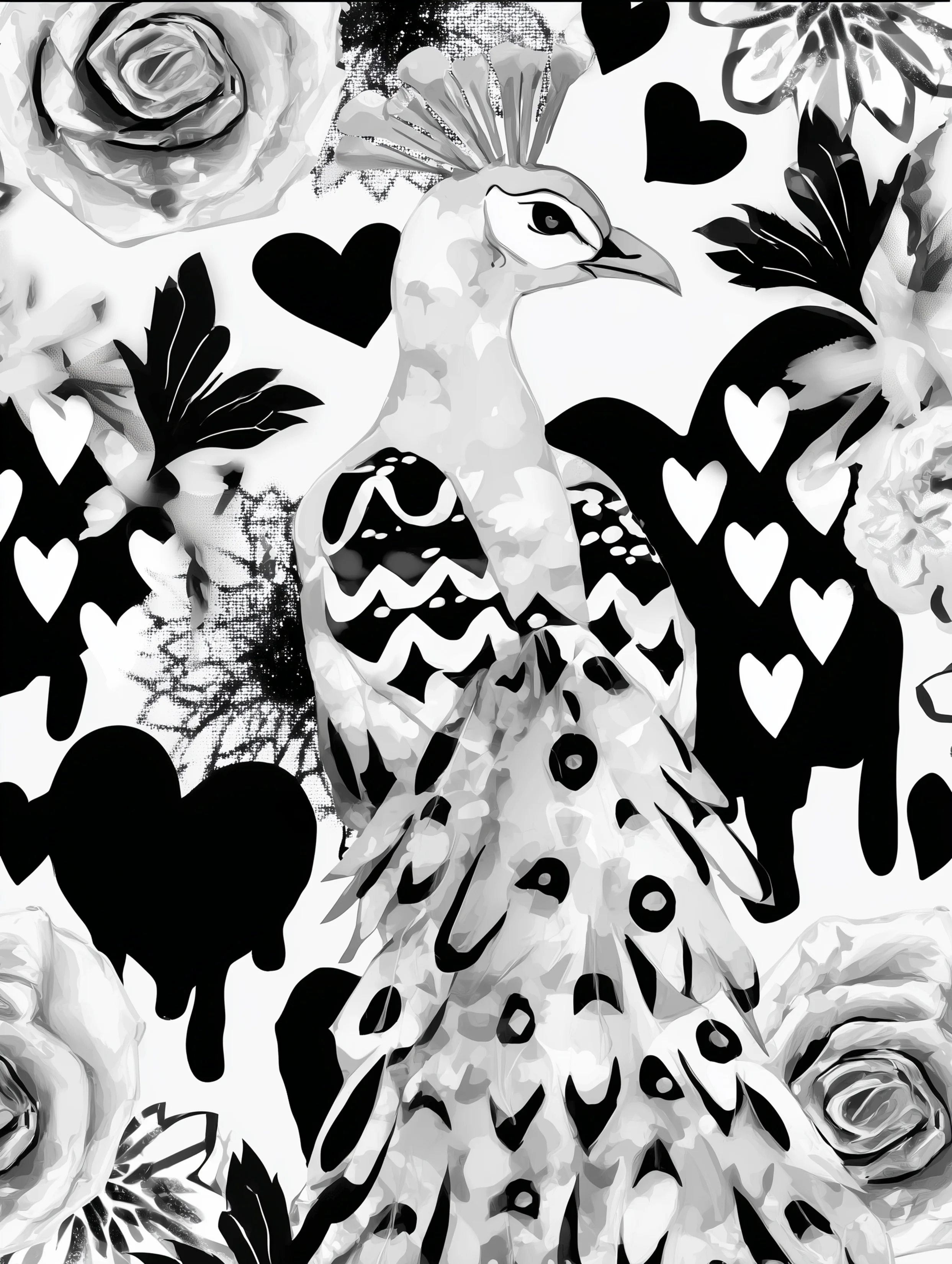 Free printable coloring page of peacock for adults featuring hearts around peacock